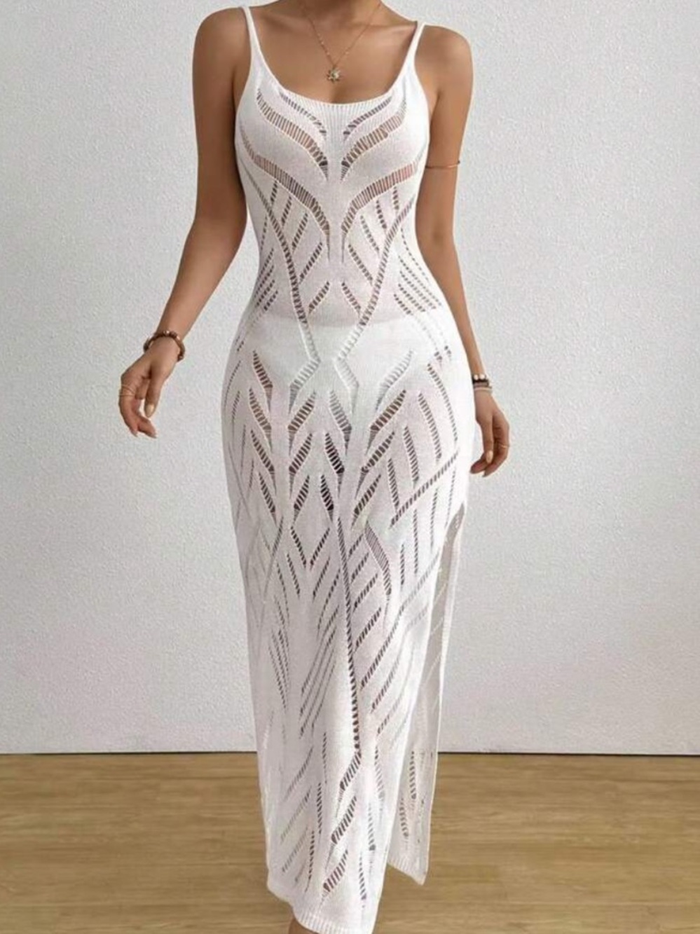 White Knit V-Neck Midi Dress - Picture 6 of 7